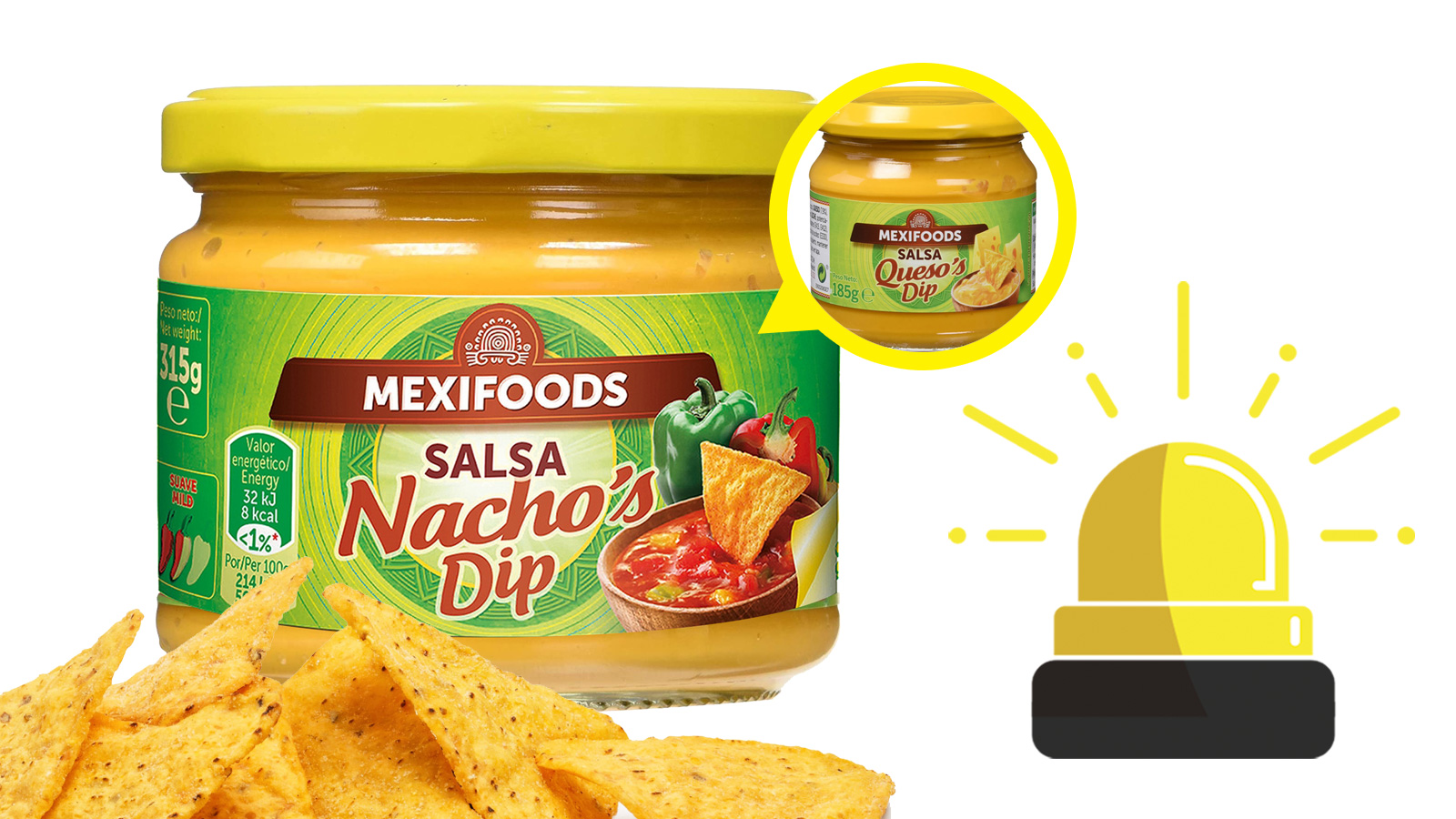 Una salsa mal etiquetada de la marca Mexifoods: dice Ncho's Dip, pero debiera decir Queso's Dip